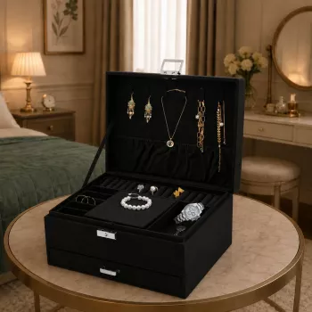 LEAN Jewelry Organizer Box with Drawer and Key, Black Velvet