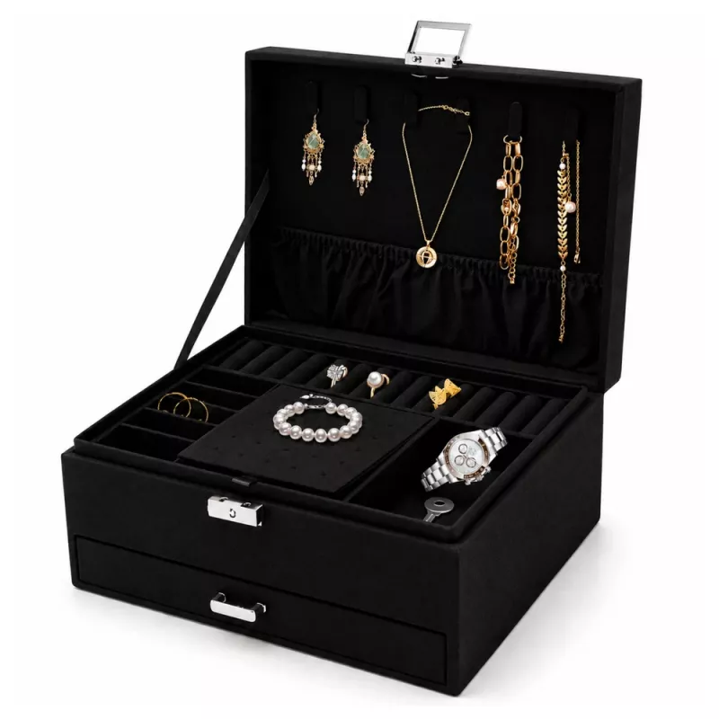 LEAN Jewelry Organizer Box with Drawer and Key, Black Velvet