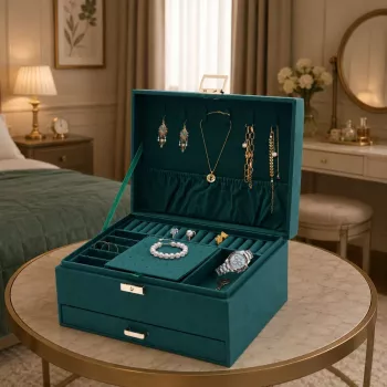 LEAN Jewelry Organizer Box with Drawer and Key, Green Velvet