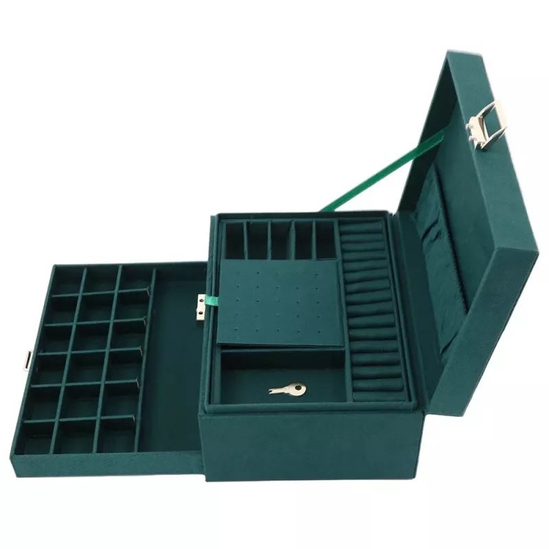 LEAN Jewelry Organizer Box with Drawer and Key, Green Velvet