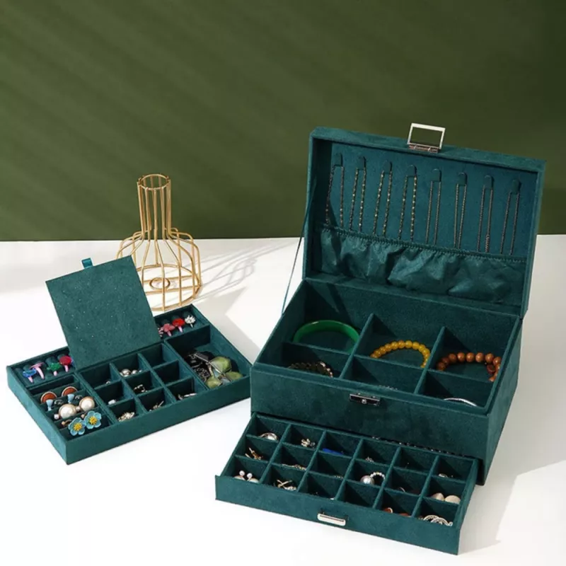 LEAN Jewelry Organizer Box with Drawer and Key, Green Velvet