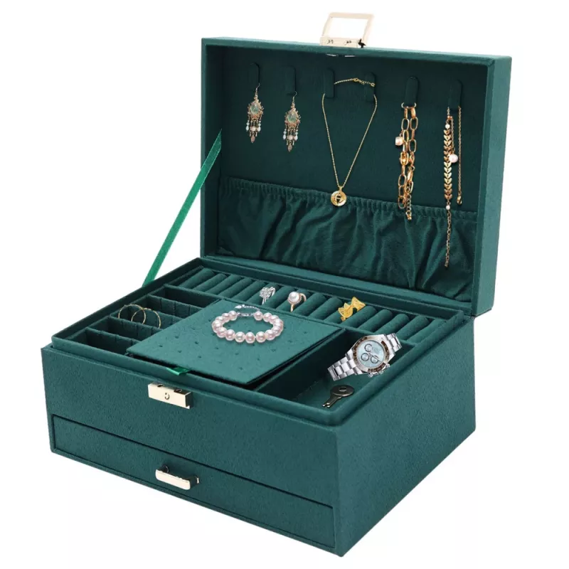 LEAN Jewelry Organizer Box with Drawer and Key, Green Velvet