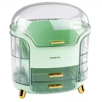 LEAN Large Cosmetics Organizer with 2 Tiers, 3 Drawers and Transparent Lid, Green