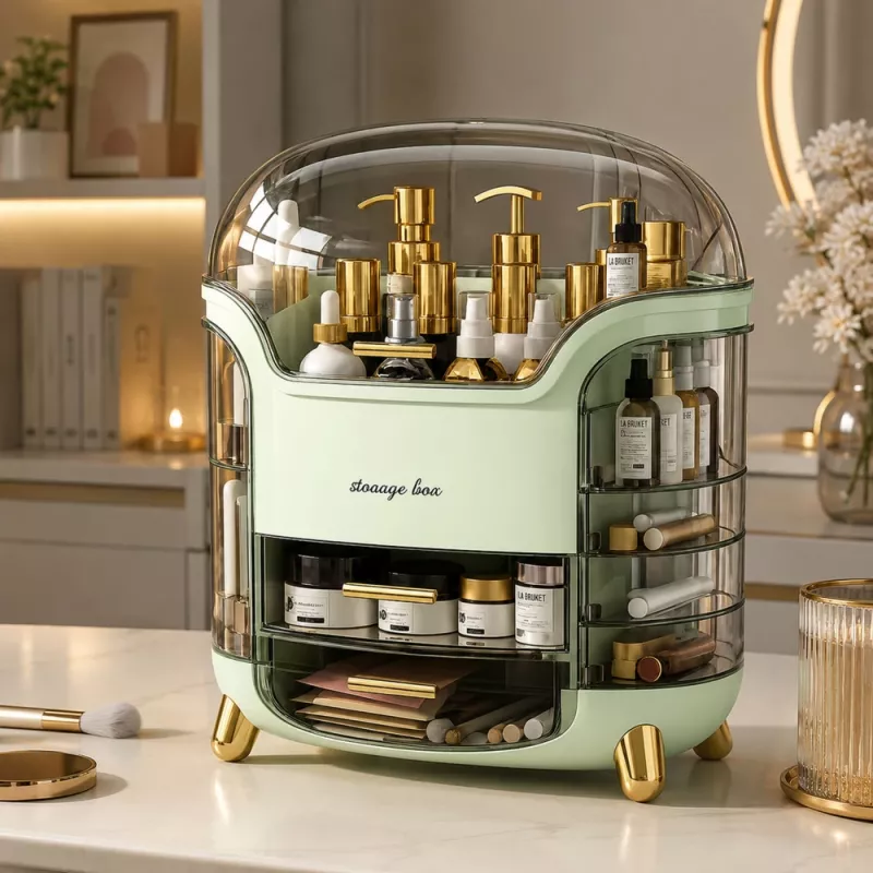 LEAN Large Cosmetics Organizer with 2 Tiers, 3 Drawers and Transparent Lid, Green
