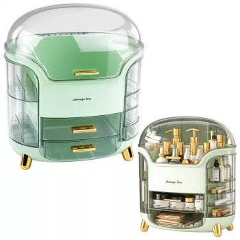 LEAN Large Cosmetics Organizer with 2 Tiers, 3 Drawers and Transparent Lid, Green