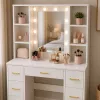 LEAN Large Dressing Table with Mirror and LED Light, 7 Drawers, Shelves, White, 140x100x40 cm