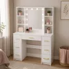LEAN Large Dressing Table with Mirror and LED Light, 7 Drawers, Shelves, White, 140x100x40 cm