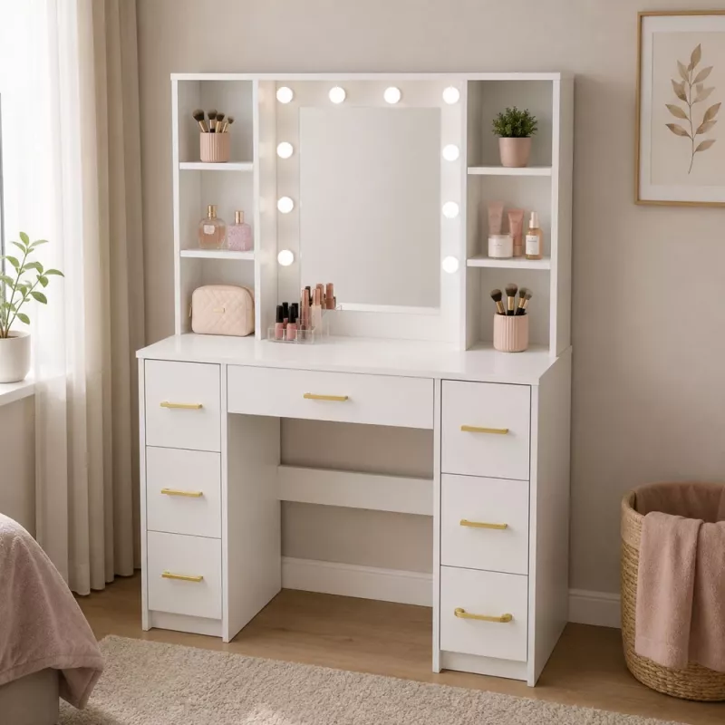 LEAN Large Dressing Table with Mirror and LED Light, 7 Drawers, Shelves, White, 140x100x40 cm