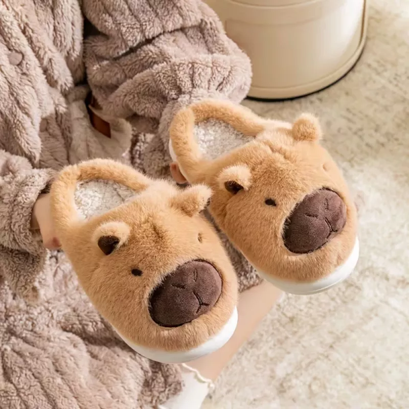LEAN Plush Capybara Slippers With Ears Warm Soft Beige Size 32-33