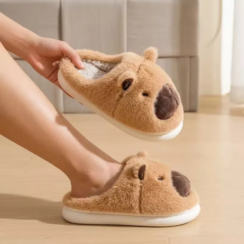 LEAN Plush Capybara Slippers With Ears Warm Soft Beige Size 32-33