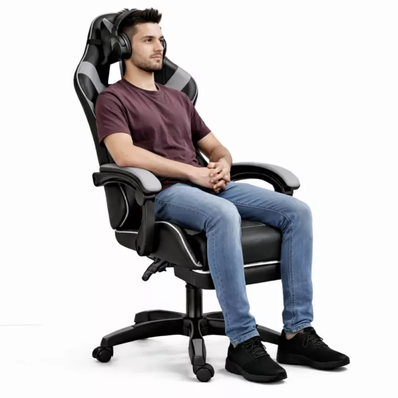 LEAN Swivel Office Gaming Chair with Footrest and Cushions Black and Gray