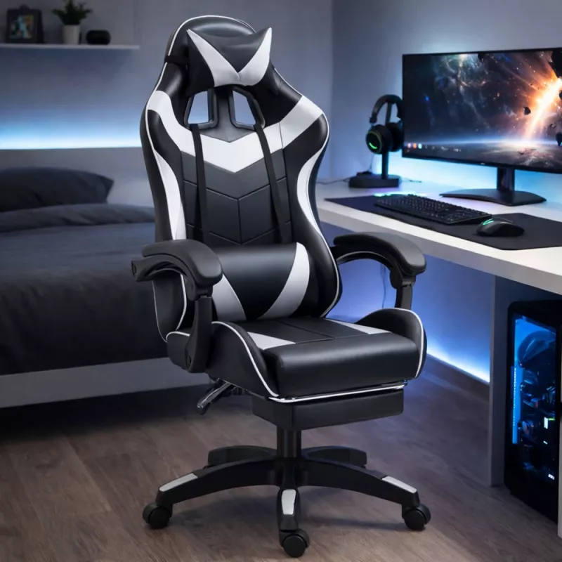 LEAN Swivel Office Gaming Chair with Footrest and Cushions, Black and White