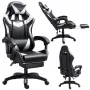 LEAN Swivel Office Gaming Chair with Footrest and Cushions, Black and White