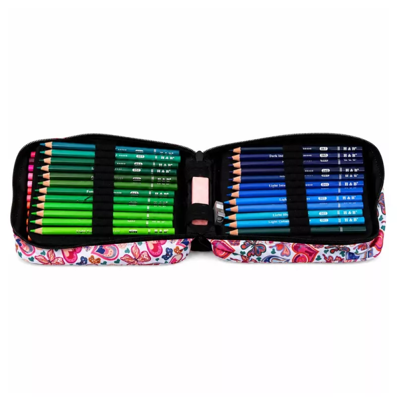 LEAN Three-Compartment Pencil Case with Coloring Book, Flowers, Sharpener, Eraser, Crayons - 72 Pieces