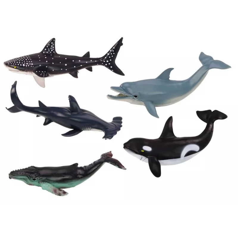 LEAN TOYS 17521 Set of 6 Sea Animal Figures - Orca, Shark, Whale, Dolphin, Turtle & Manta Ray - Multicolour
