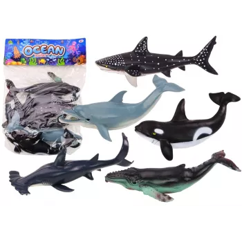 LEAN TOYS 17521 Set of 6 Sea Animal Figures - Orca, Shark, Whale, Dolphin, Turtle & Manta Ray - Multicolour