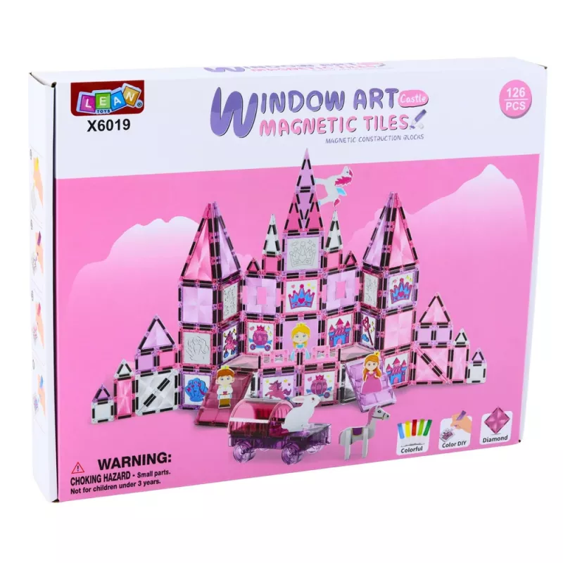LEAN TOYS 25282 Magnetic Building Blocks Stained Glass Window Set with Pink Markers, 126 Pieces, Creative Art Toy