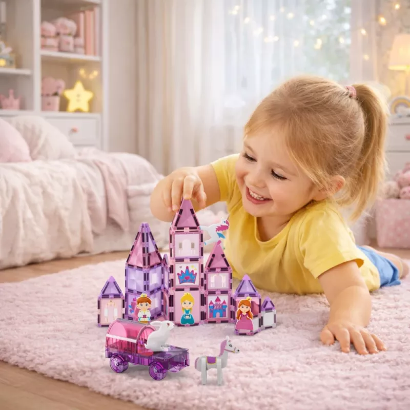 LEAN TOYS 25282 Magnetic Building Blocks Stained Glass Window Set with Pink Markers, 126 Pieces, Creative Art Toy