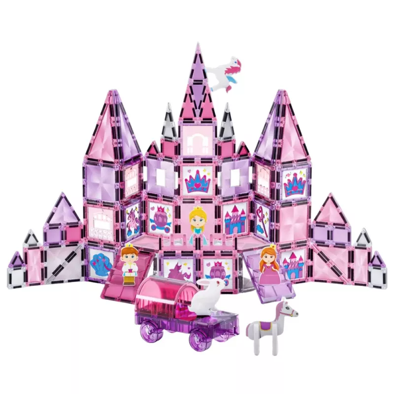 LEAN TOYS 25282 Magnetic Building Blocks Stained Glass Window Set with Pink Markers, 126 Pieces, Creative Art Toy