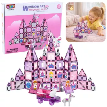 LEAN TOYS 25282 Magnetic Building Blocks Stained Glass Window Set with Pink Markers, 126 Pieces, Creative Art Toy