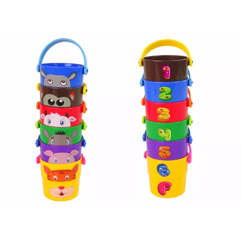 LEAN TOYS A Set of Colorful Buckets with Animals - a Pyramid