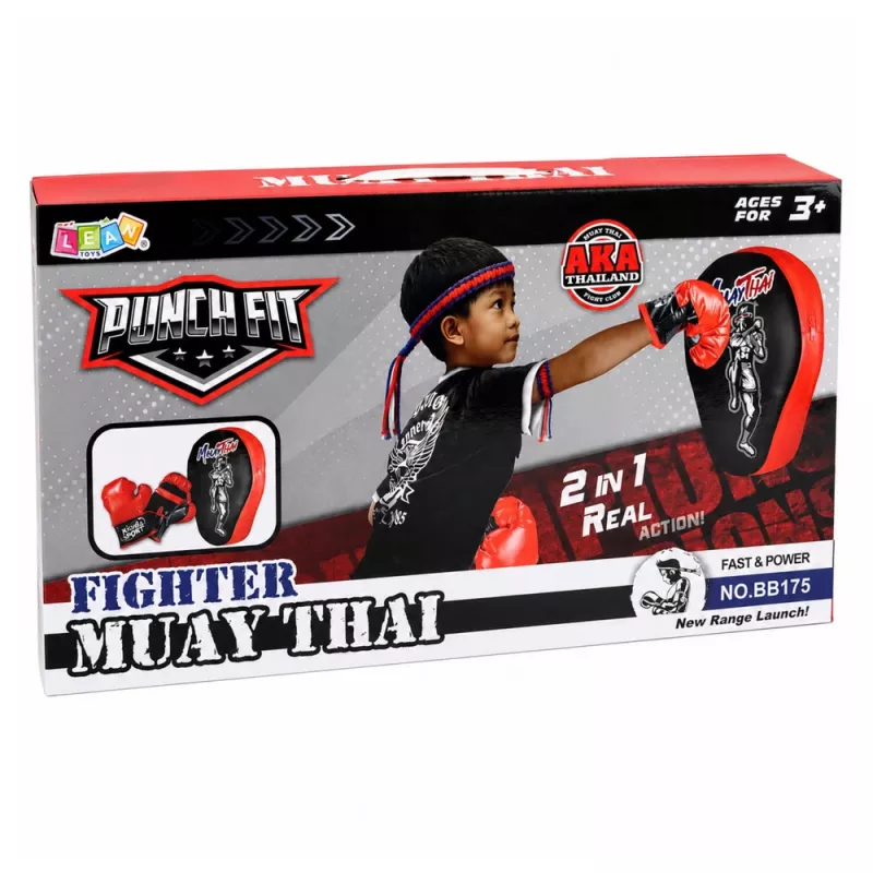 LEAN TOYS 2-in-1 Muay Thai Boxing Training Set with Gloves and Focus Mitts, Black