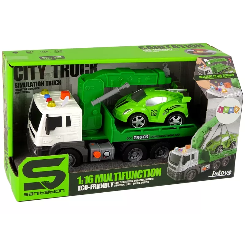 LEAN TOYS Car Transporter Roadside Assistance Tow Truck 1:16 Green Sound Lights