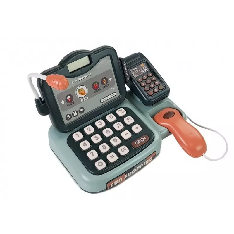 LEAN TOYS Cash Register Shop Kit with Microphone Sound Terminal – Interactive Playset for Kids 3+