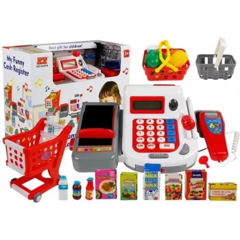 LEAN TOYS Cash Register with Trolley Baskets & Accessories | 35-Piece Pretend Play Set with Working Calculator, Light-Up Scanner, Microphone, Shopping Trolley and Basket | For Ages 3+