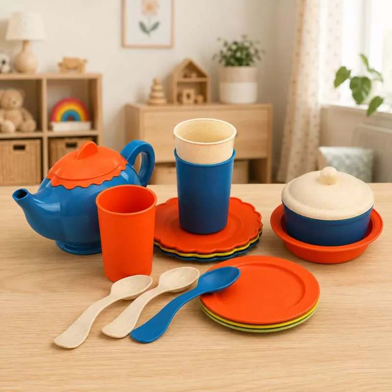 LEAN TOYS Children's Bamboo Fiber Tableware Set, Blue and Orange, 15 pcs.