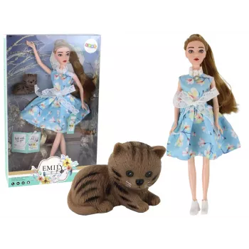 LEAN TOYS Children's Doll Emily Spring Long Hair Blue Dress Kitten