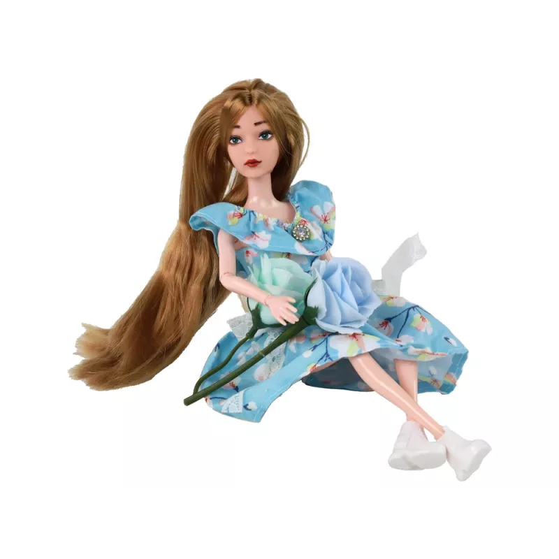 LEAN TOYS Children's Doll Emily Spring Long Hair Blue Flower Dress