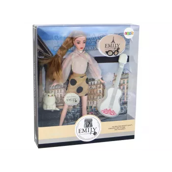 LEAN TOYS Children's Doll Emily with Guitar, Glasses, Long Blonde Hair, and Kitten