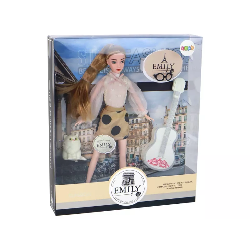 LEAN TOYS Children's Doll Emily with Guitar, Glasses, Long Blonde Hair, and Kitten