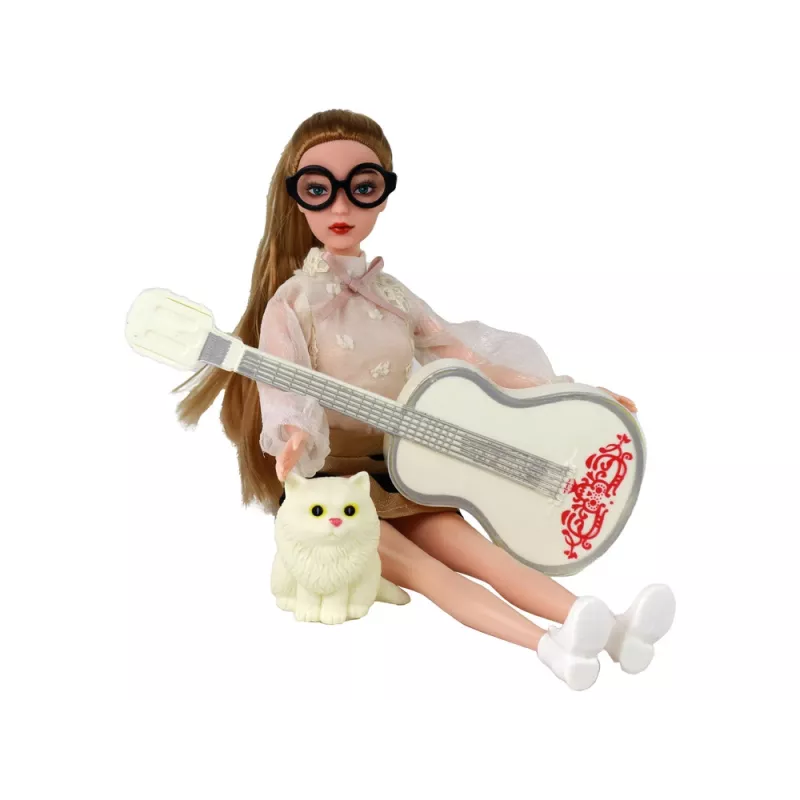 LEAN TOYS Children's Doll Emily with Guitar, Glasses, Long Blonde Hair, and Kitten