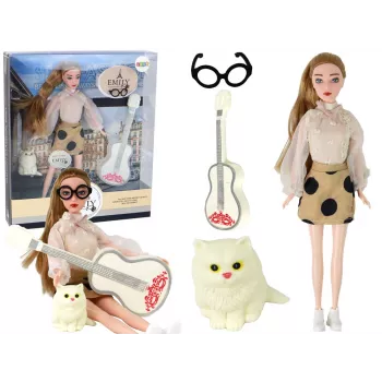 LEAN TOYS Children's Doll Emily with Guitar, Glasses, Long Blonde Hair, and Kitten