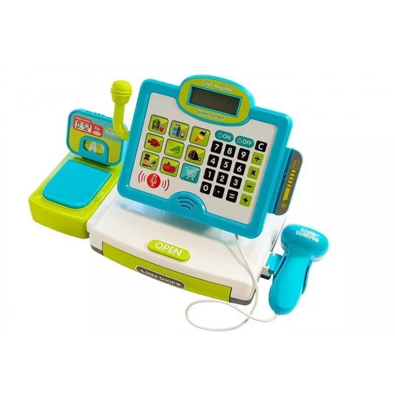 LEAN TOYS Children's Electronic Cash Register Set with Basket - Blue, Working Calculator, Light & Sound, 25 Accessories, Ages 3+