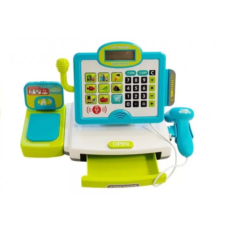 LEAN TOYS Children's Electronic Cash Register Set with Basket - Blue, Working Calculator, Light & Sound, 25 Accessories, Ages 3+