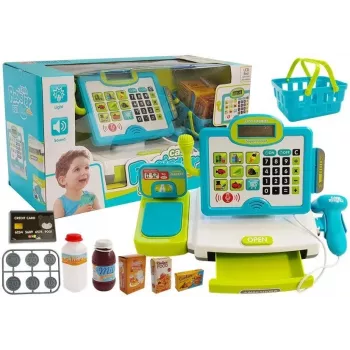 LEAN TOYS Children's Electronic Cash Register Set with Basket - Blue, Working Calculator, Light & Sound, 25 Accessories, Ages 3+