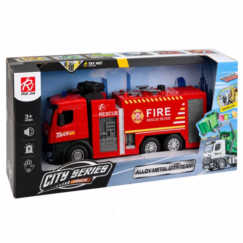 LEAN TOYS Fire Truck with Water Function, Metal Cabin, Lights, Sounds 1:12