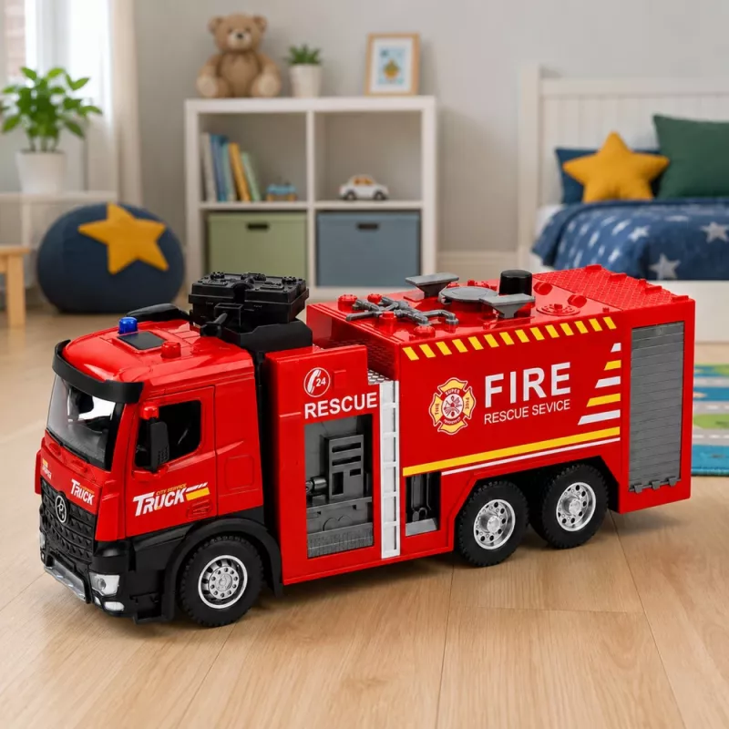 LEAN TOYS Fire Truck with Water Function, Metal Cabin, Lights, Sounds 1:12