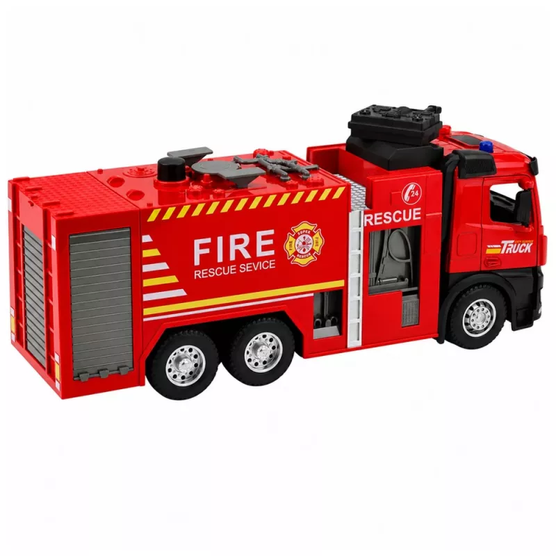 LEAN TOYS Fire Truck with Water Function, Metal Cabin, Lights, Sounds 1:12