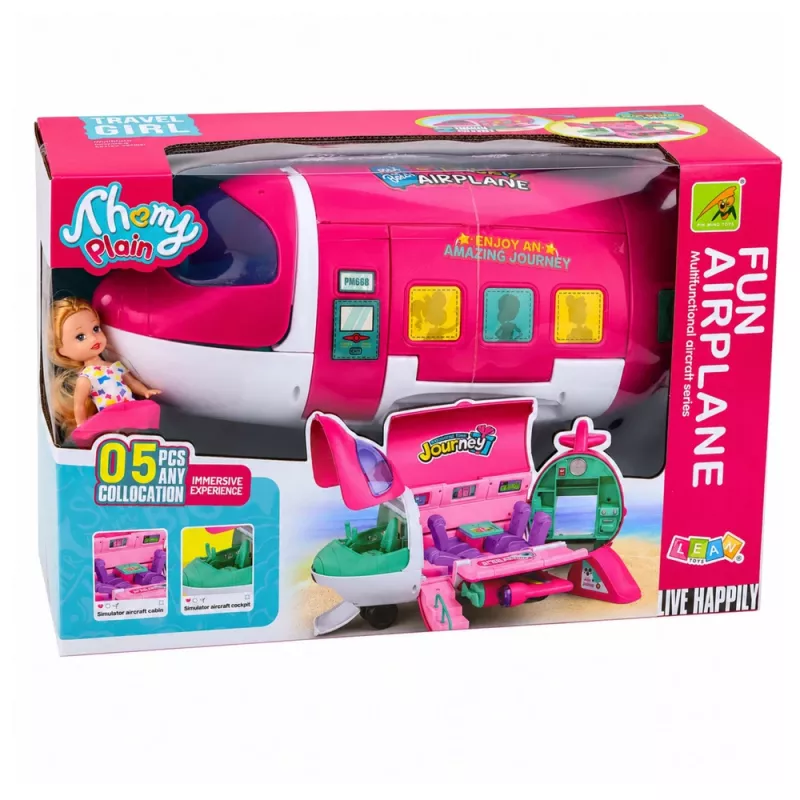 LEAN TOYS Foldable 2-in-1 Doll Passenger Plane Pink – Transformable Doll House Playset for 30cm Dolls