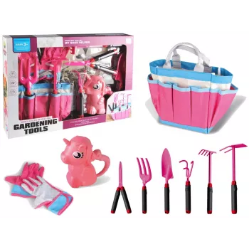 LEAN TOYS Garden Kit Bag Tools Gloves Rakes Pink Unicorn
