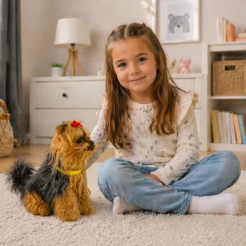 LEAN TOYS Interactive Plush Dog - Soft Fur, Yorkshire Terrier Breed, Stroke Its Head and Learn Its Functions