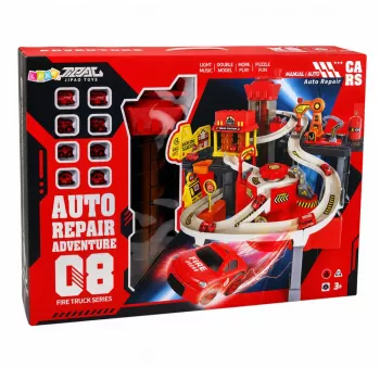 LEAN TOYS Interactive Track Car Parking Workshop Car Wash – Fire Department Play Set with 8 Cars