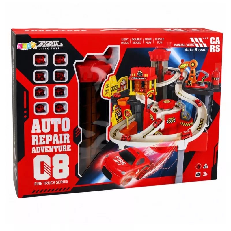 LEAN TOYS Interactive Track Car Parking Workshop Car Wash – Fire Department Play Set with 8 Cars