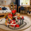 LEAN TOYS Interactive Track Car Parking Workshop Car Wash – Fire Department Play Set with 8 Cars