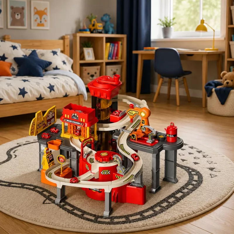 LEAN TOYS Interactive Track Car Parking Workshop Car Wash – Fire Department Play Set with 8 Cars