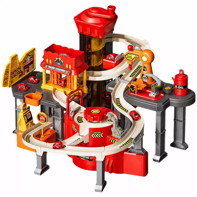 LEAN TOYS Interactive Track Car Parking Workshop Car Wash – Fire Department Play Set with 8 Cars